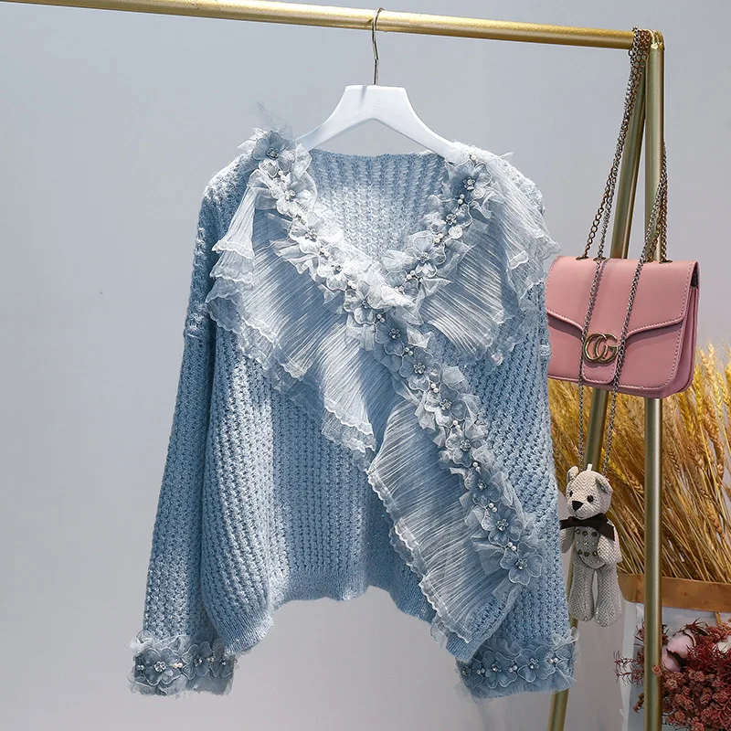 

2021 Spring Fashionable Elegant Suit V-neck Long Sleeve Mesh Bead Stitching Sweater+High Waist Slimming Sweet Mini Skirt