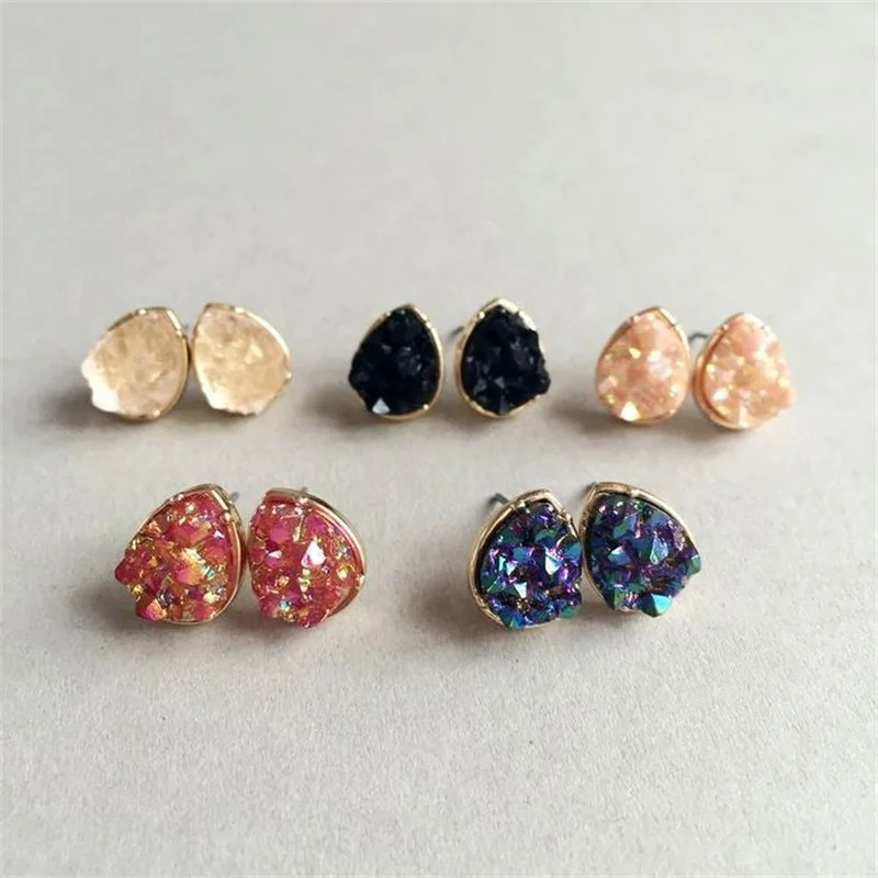 7 цветов s капли воды Drusy серьги-гвоздики модные полимерные кварцевые каменные