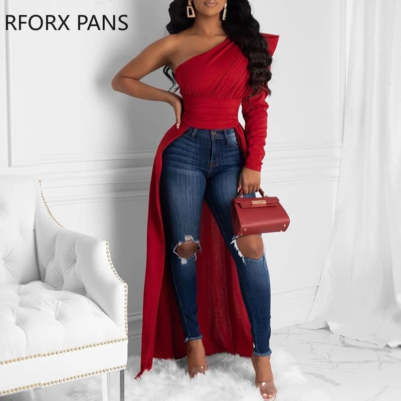 Однотонная женская блузка с одним плечом и глубоким декольте | Женская одежда