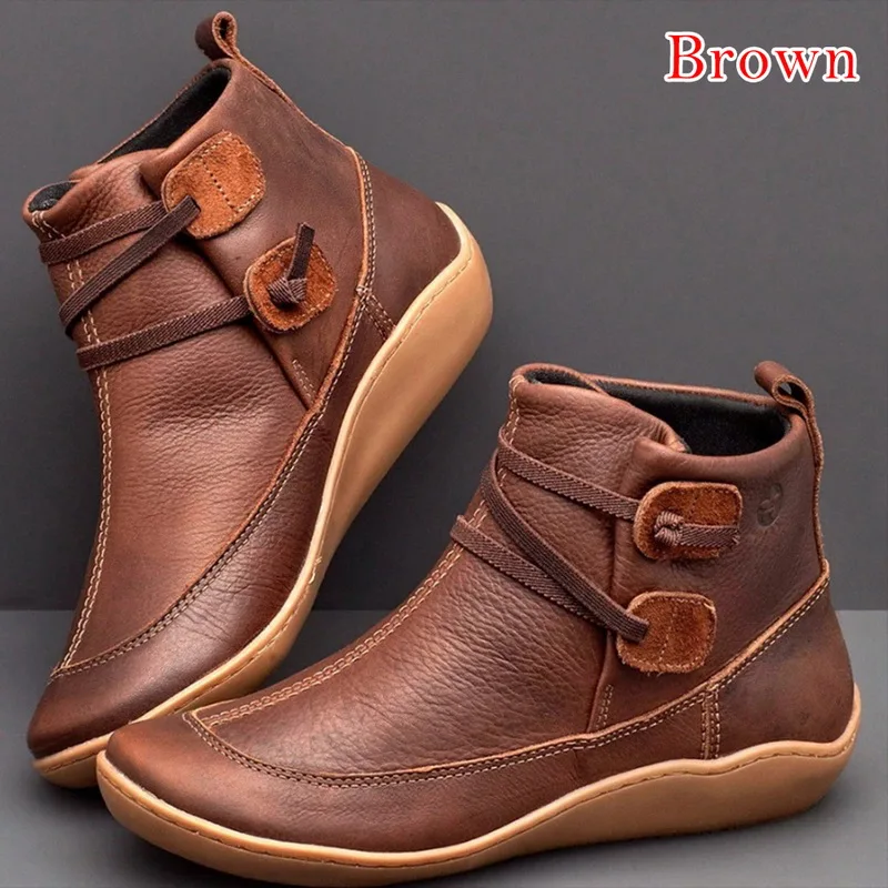 Dropshipping Women PU Leather Ankle Boots Winter Snow Flat Shoes Ladies Short Plush Cross Strap Vintage Botas Mujer | Обувь