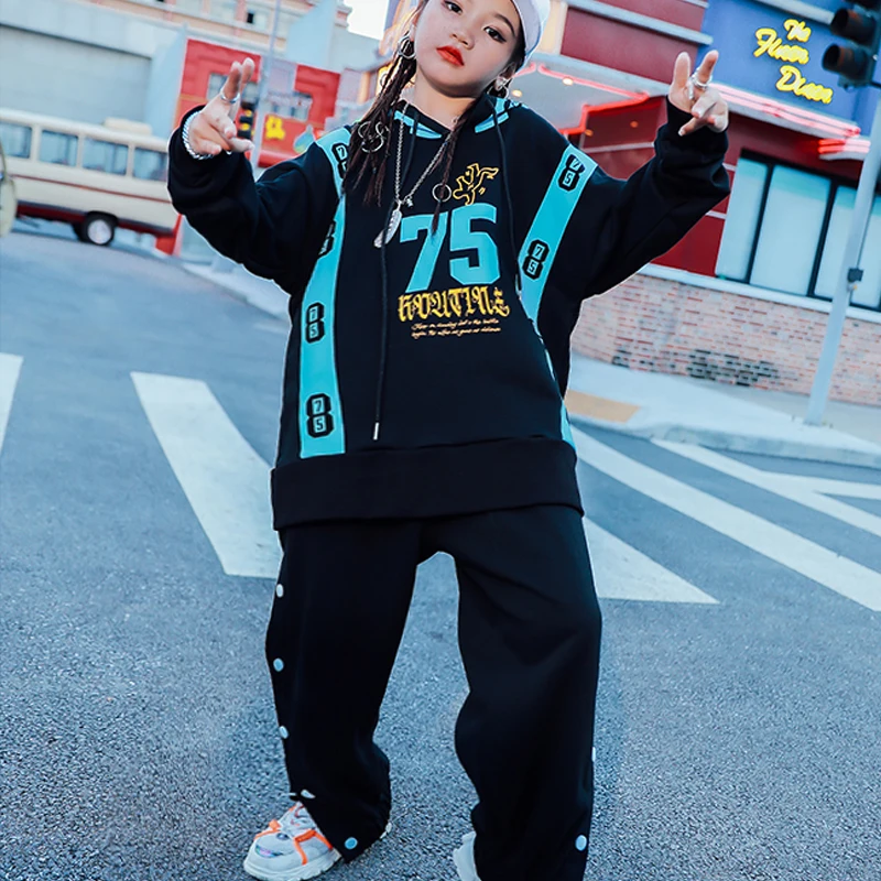 

Kids Hip Hop Clothing Loose Hooded Sweater Tops Casual Hip Hop Pants For Girls Boys Street Dance Practice Rave Dance Wear BL5003