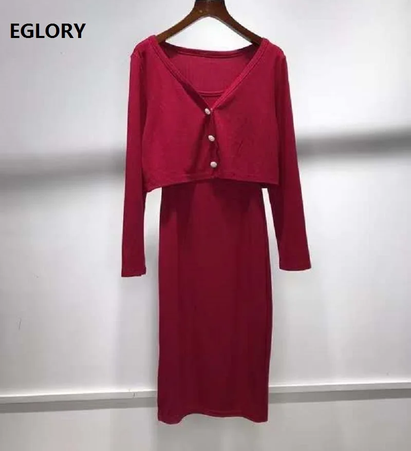 

High Quality Knitted Set 2020 Autumn 2 Piece Set Women V-Neck Long Sleeve Cardigan Sweaters+Strap Knitted Dress Suits Casual