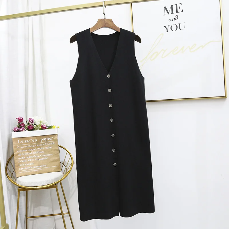 

Over the knee women pullover long knitted waistcoat sweater dress plus size casual loose solid sleeveless v neck