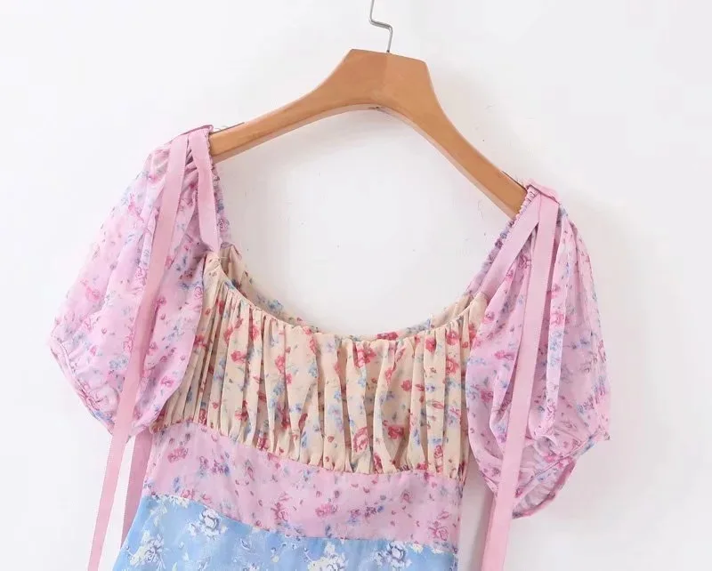 Bohemian Dress Women Color Matching Print Fairy Beach Maxi Dress Short Sleeve French Romantic Floral Holiday Elegant Long Dress