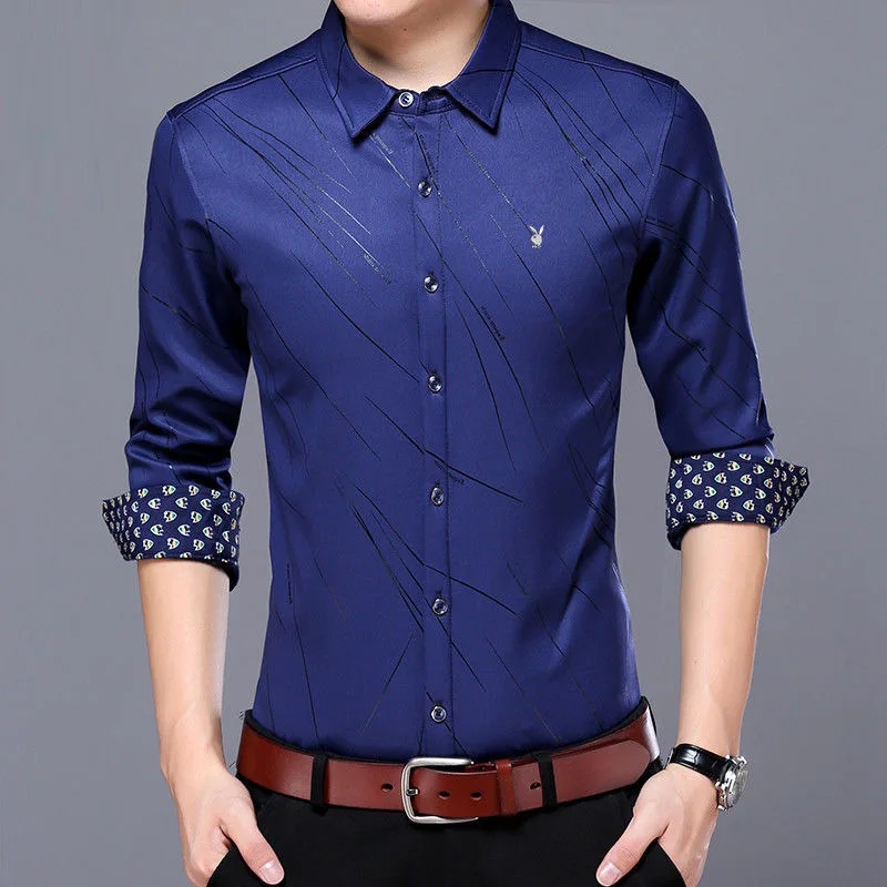 

Men's Shirts Business Shirts Men Letter/Stripe Print Turn Down Collar Long Sleeve Shirts Single-breasted Shirt Men Dress Shirts