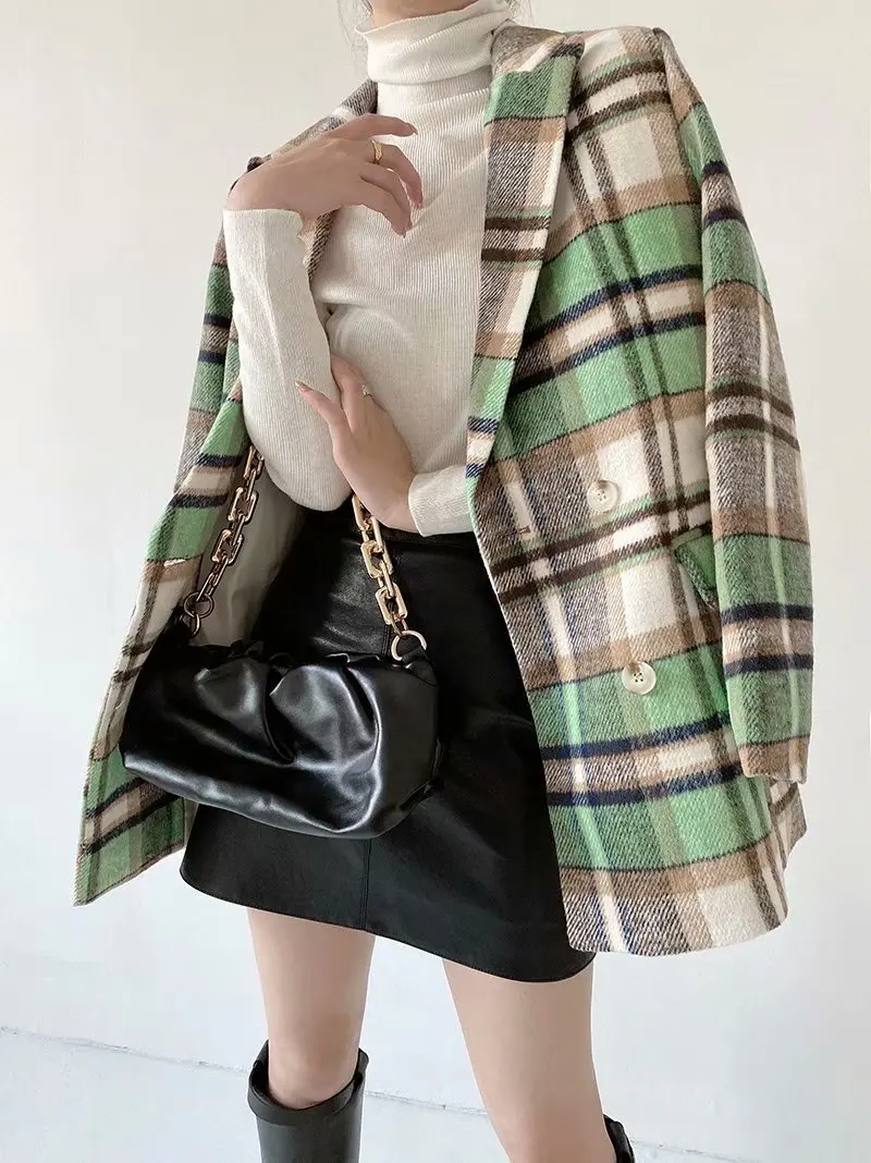 

TMODA368 Za Blazer Women 2021 Fashion Woolen Check Double Breasted Blazer Coat Vintage Long Sleeve Female Outerwear Chic Tops