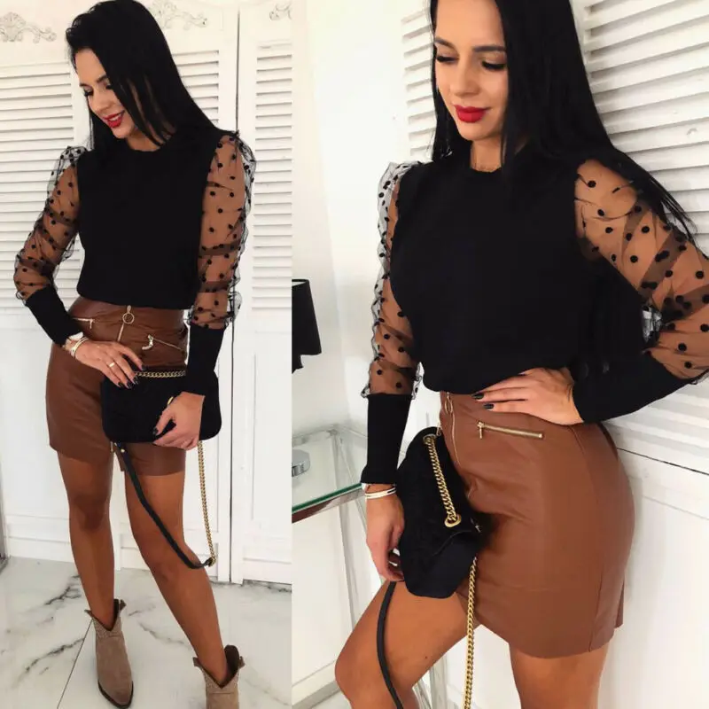 Women Puff Mesh Sleeve Tops Pullover Sweater 2019 Autumn Warm Knitwear Fashion Female Slim Long Jumper | Женская одежда