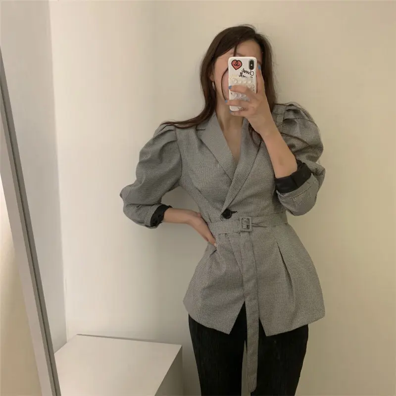 

HziriP 2020 New Chic Women Elegance All Match Fashion Plaid Puff Sleeves Office Lady Casual Feminine High Street Plus Blazers
