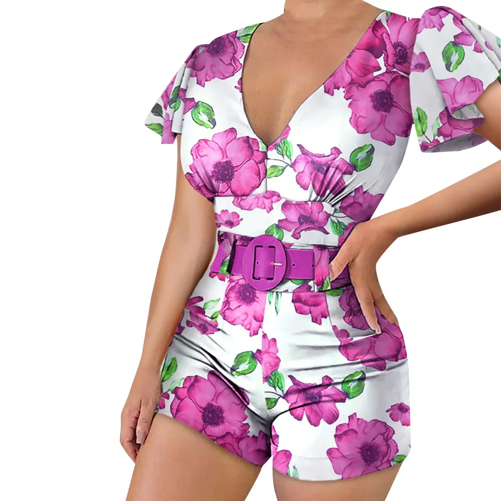 

Summer women's sexy v-neck, short-sleeved printed waist tight onesie without a belt