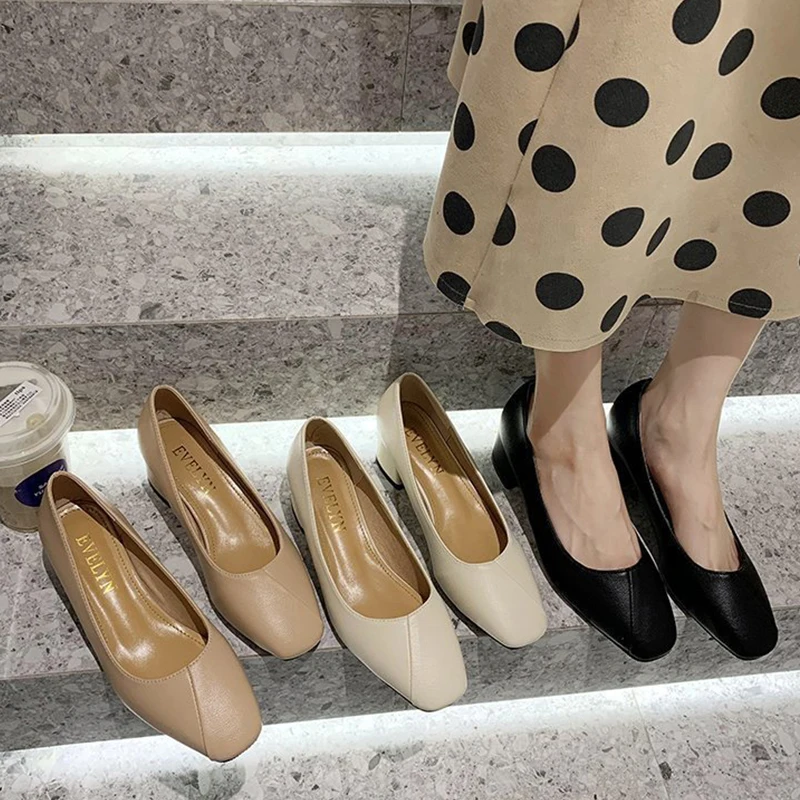 

2021 Spring Heel Shoes Women Elegant Office Leather Shoes Ladies Square Heel Pointed Toes Vintage Sandals Women Pumps
