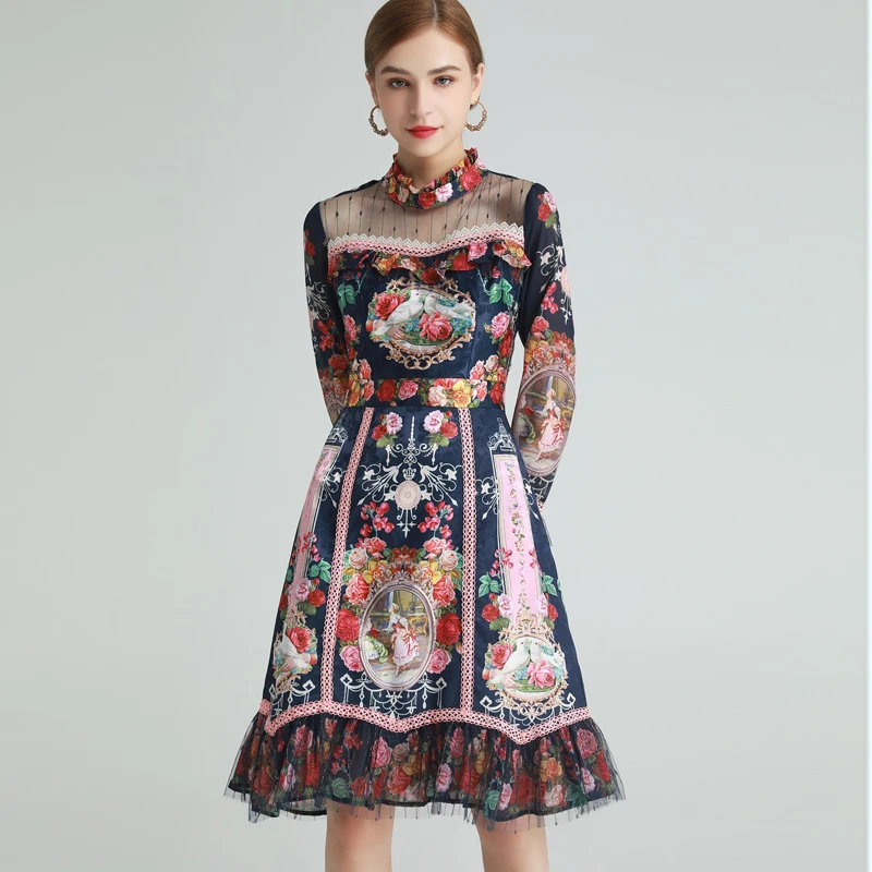 

2021 SPRING VINTAGE PRINT FLARE SLEEVED MESH PATCHWORK DRESS