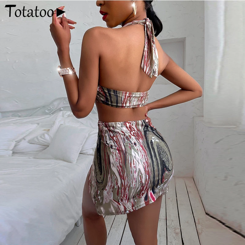 

Totatoop Buckle Deep V Neck Bikini Women's Swimsuit Halter Backless Bathing Suit 2021 Print Split Skirts Sexy One Piece Swimwear