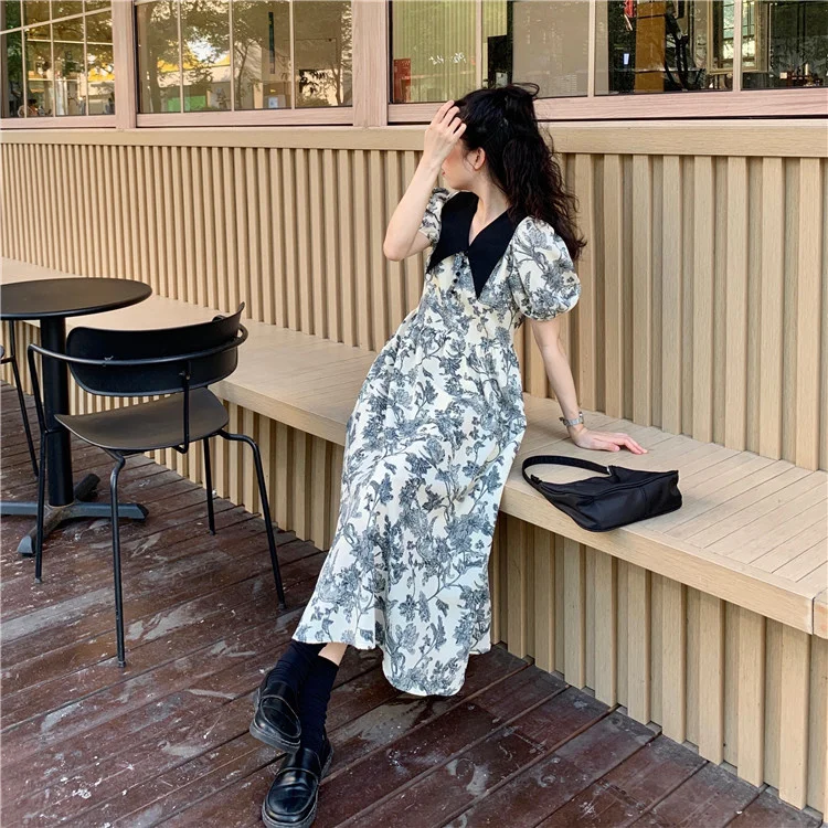 

Korean Retro Hepburn Style Sweet and Salt 2021 New Waist Slimming Lapel Puff Sleeve Dress Women's Summer