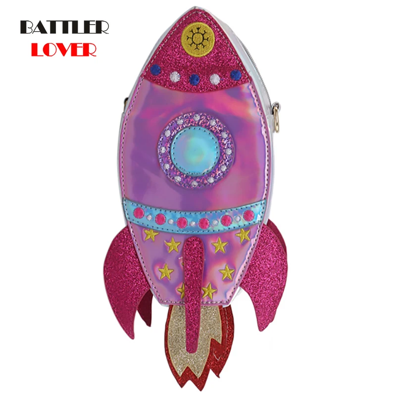 

Pink & Silver Laser Rocket Shape Women Purses and Handbags Female Casual Shoulder Totes Clutch Pouch Leather Crossbody Bag