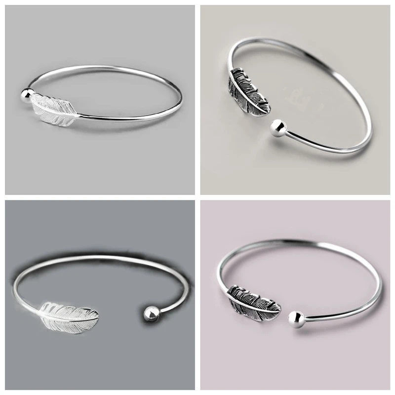 

Round Bead Feathers Minimalist Leaf Bracelet Opening Adjustable Bangle-Retro Silver Ladies Jewelry High Quality Q4099