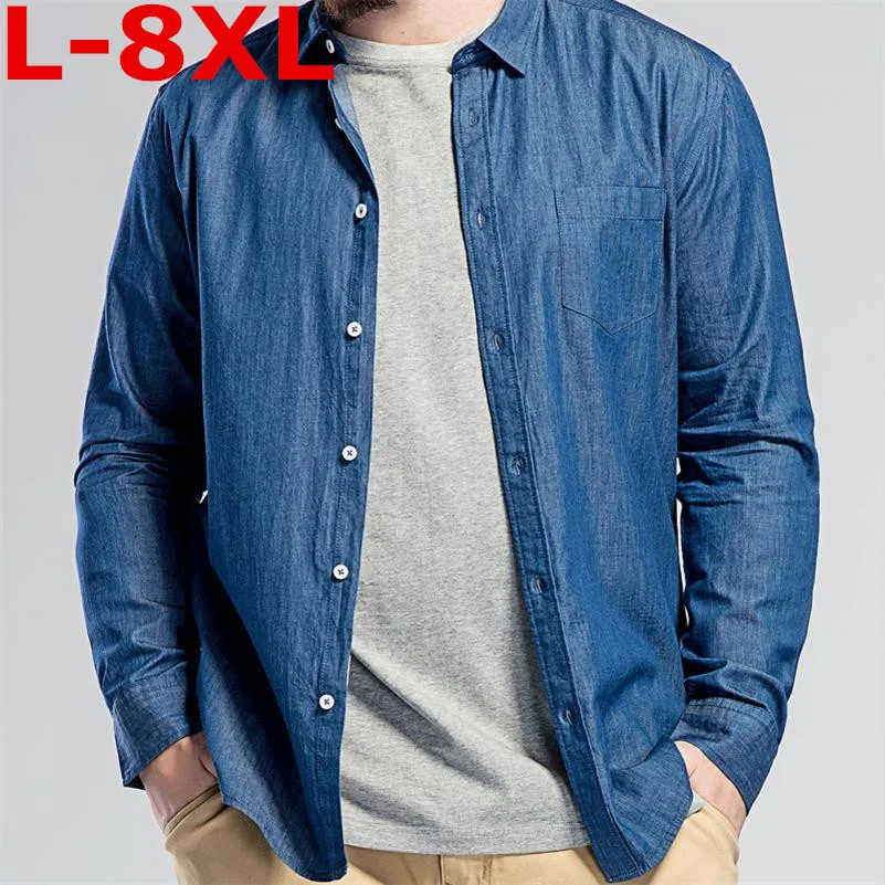 Размера плюс 8XL 7XL 6XL Сезон весна-осень Для мужчин деним тонкие рубашки мягкий