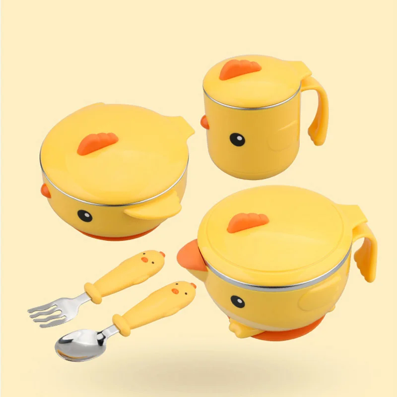 

5 pcs Baby Feeding Tableware Food Warm Dish Bowl Set Stainless Steel Anti-Slip Children Kid Plate Set With Spoon Fork Sucker