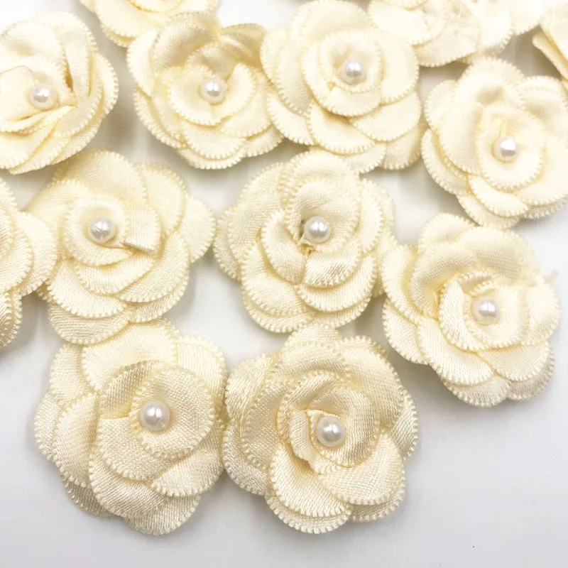 Beige 10 шт. атласные Ленточные банты цветочные с жемчужные свадебные аппликации «сделай сам» upick B006 - Цвет: Beige