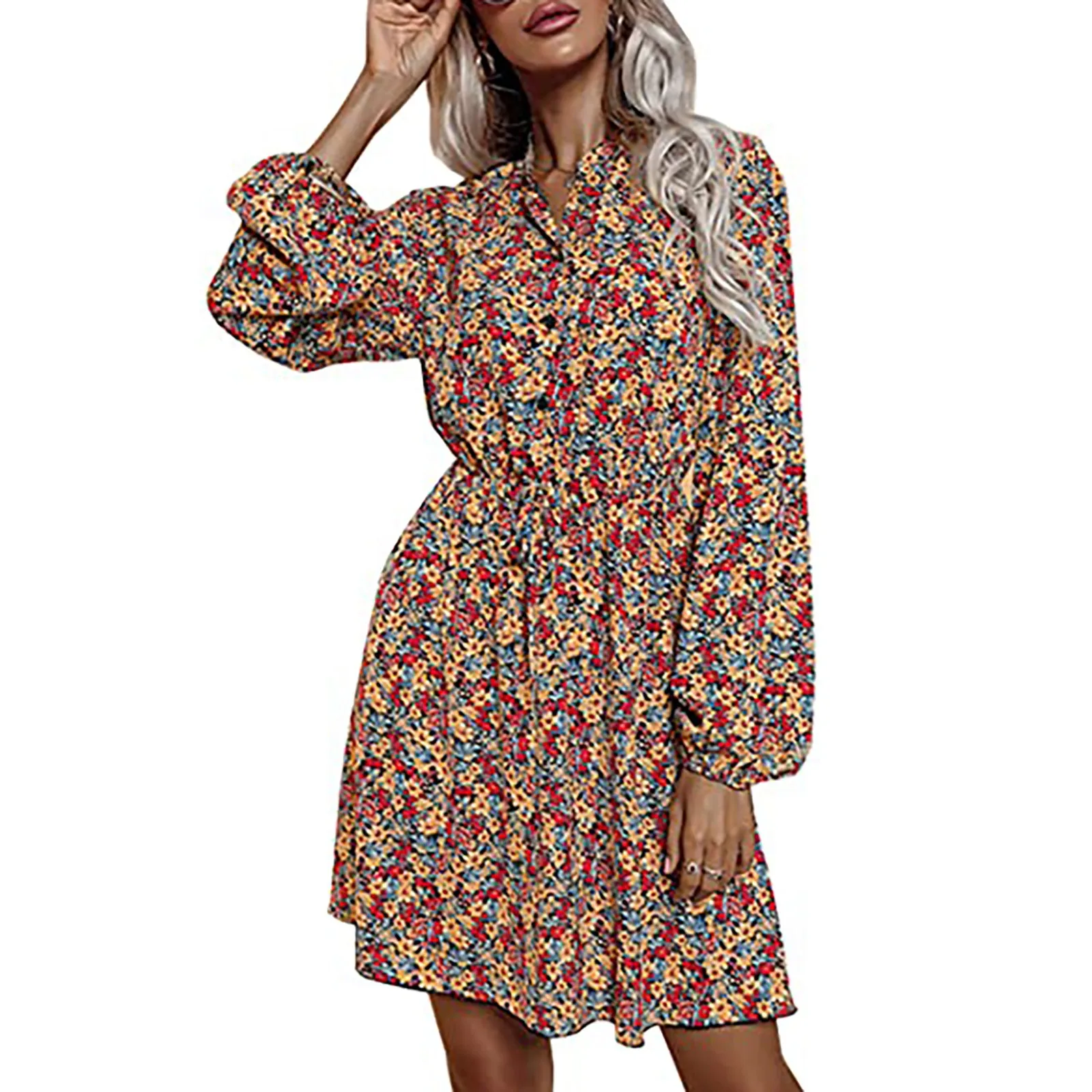 

Women's Chiffon Dress Female Vintage Floral Printed Long Sleeve Bow Midi Dresses Spring Autumn vestidos mujer verano 2021