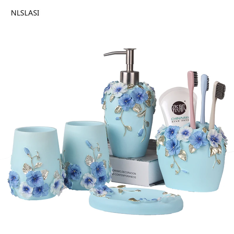 

European Flower Shape Resin Soap Dispenser Bathroom Accessories Set Gargle Cup Soap DishToothbrush Holder Wedding Gifts