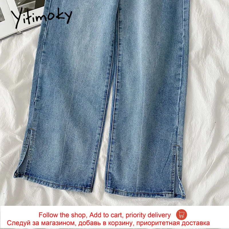 

Yitimoky Jeans Women Pants High Waist Slit Soild Blue Wide Leg Pants Loose Plus Size Clothes Fashion Summer 2021 New Korean Soft