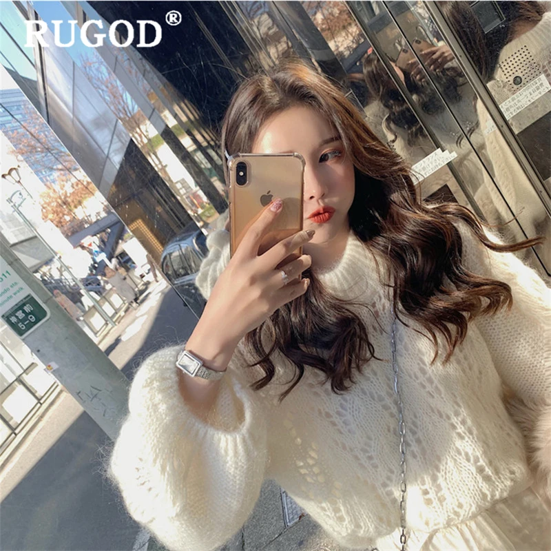 RUGOD Elegant women sweater Korean ins solid round neck hollow out white knitted pullovers female 2019 Casual winter clothes | Женская