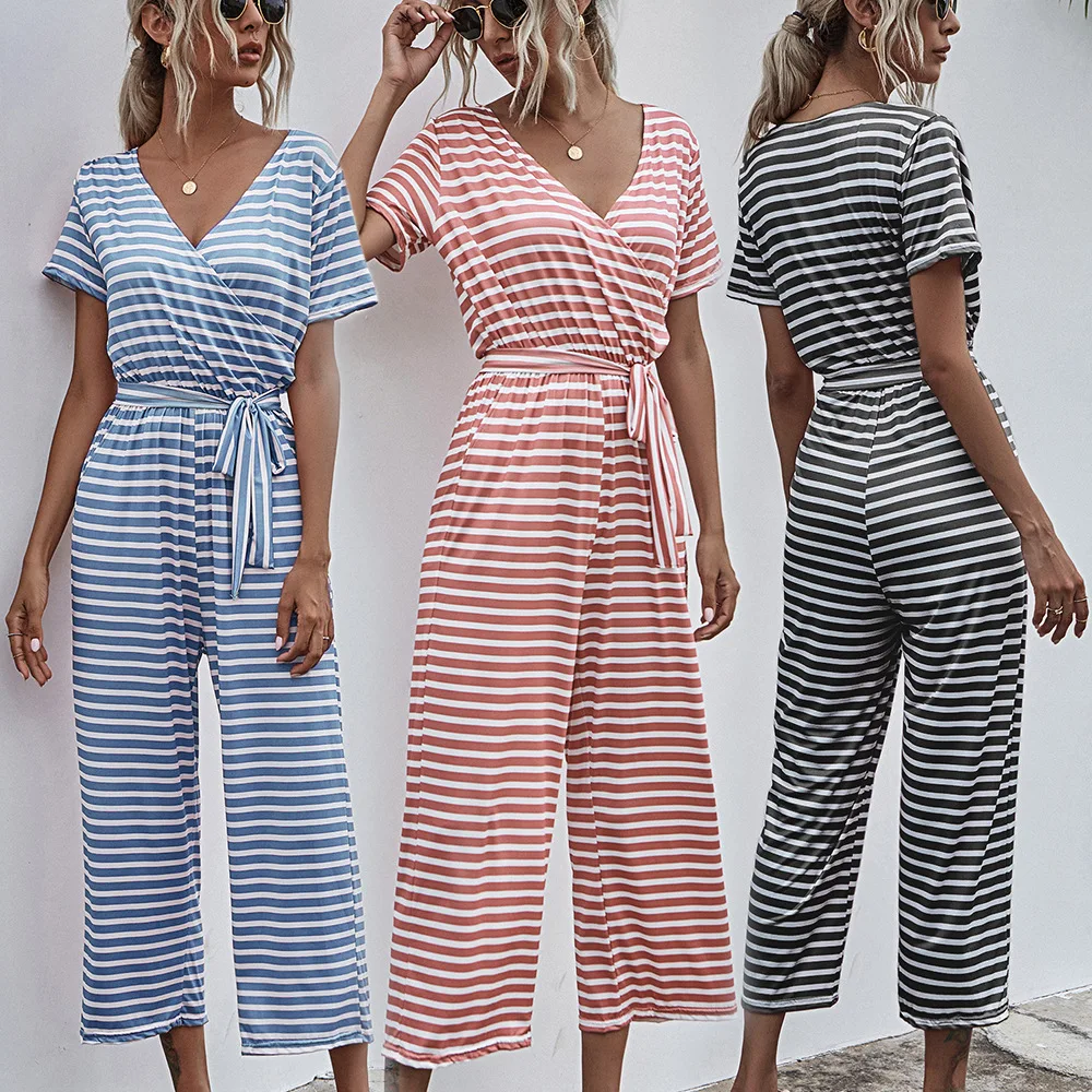 

Women Rompers 2022 Women's Fashion Show Slim Striped V-neck Short Sleeve with Waistbelt Women Jumpsuits