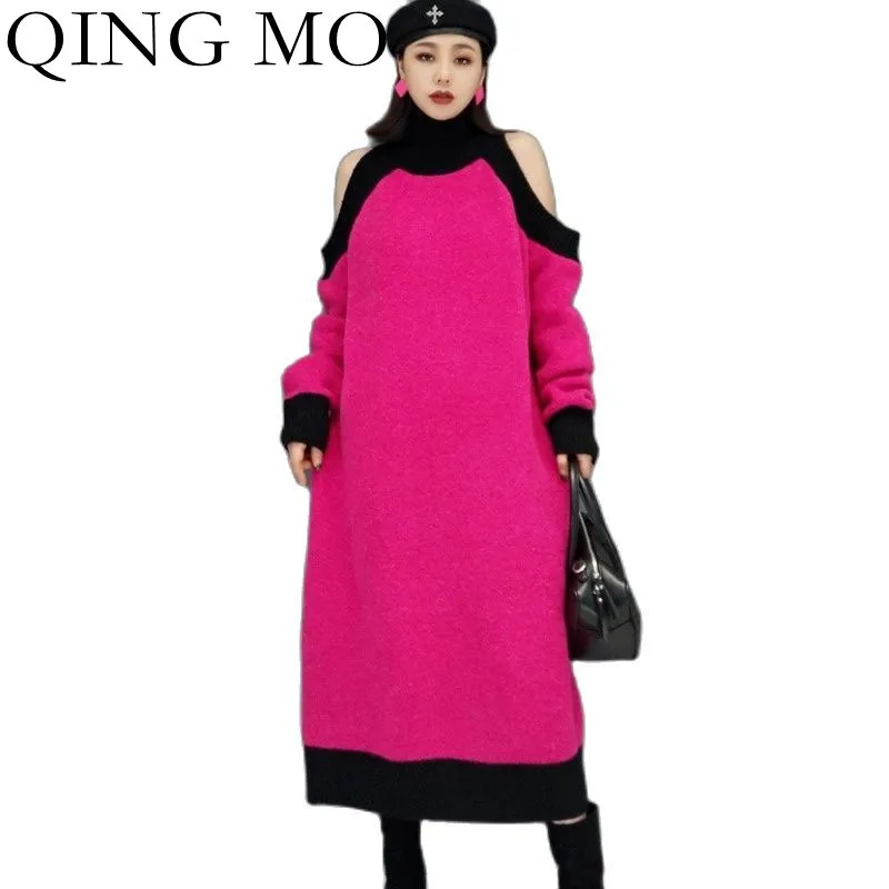 

QING MO 2021 Autumn Winter New Thick Strapless Turtleneck Sweater Dress Women Casual Plus Size Pullover Sweater Dress ZWL1649