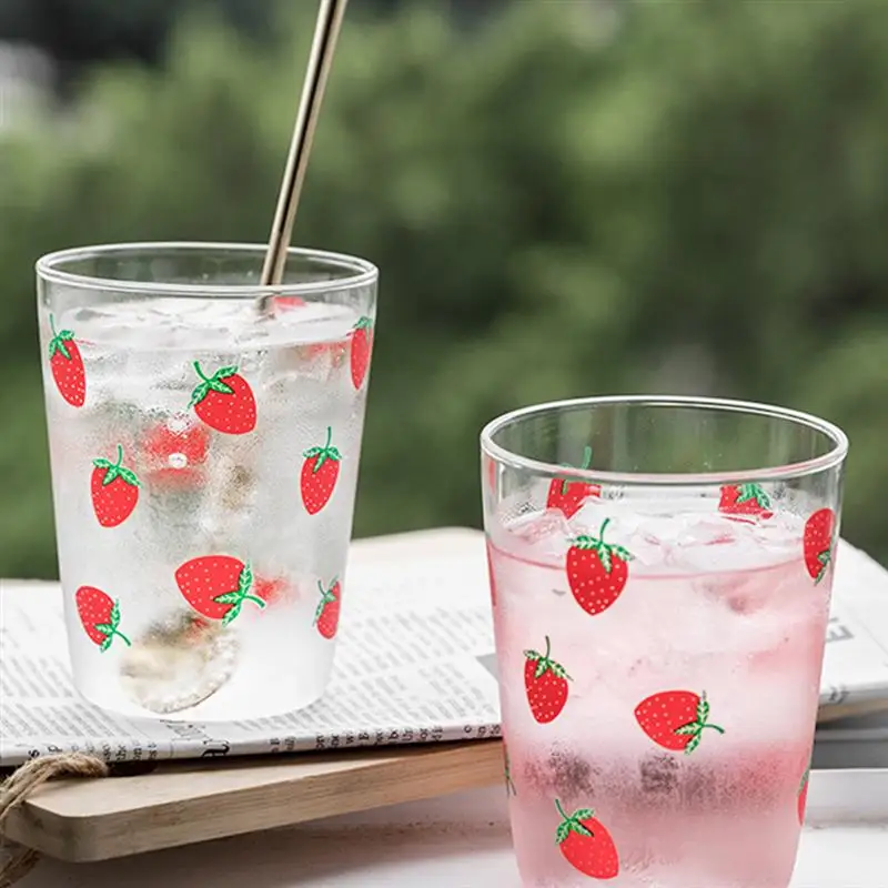 1pc Cute Strawberry Printing Glass Milk Cup Simple Storage Tea Transparent for Home Office |