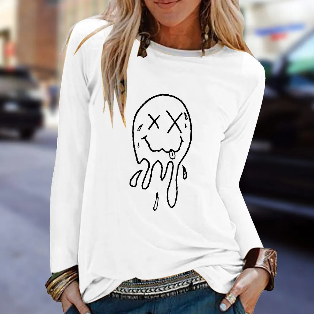 

FREE OSTRICH Funny Print Top For Women Long Sleeve Shirt Casual Loose Plus Size O-Neck Shirts For Female Halloween Clothing