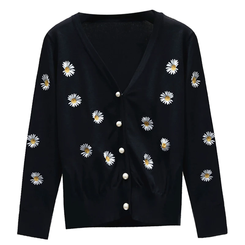 

Knitted Cardigan Sweater Coat Women 2020 Women's Thorn Daisy Embroidery V-neck Knitted Cardigan Jacket Air Conditioning Shirt