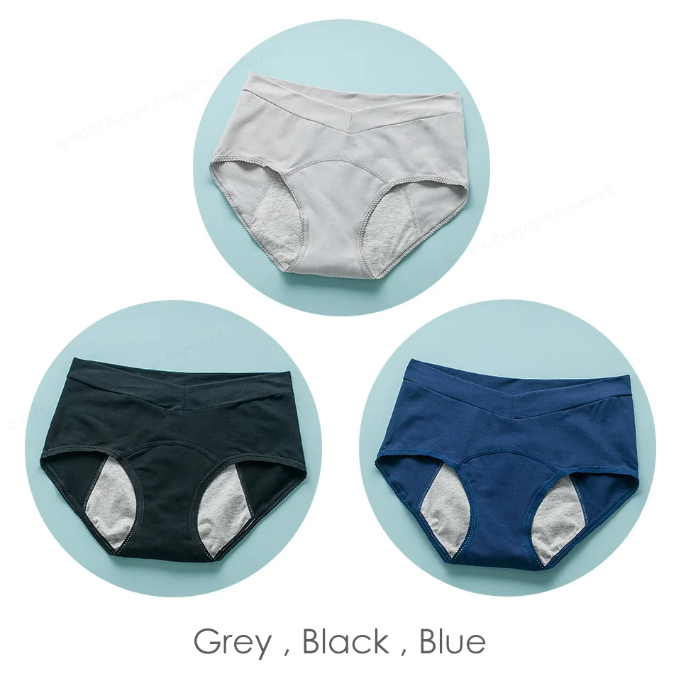 Black Blue Grey ROSI женское менструальное нижнее белье хлопок Комфорт высокая талия непроницаемые шорты трусики женские нижнее белье бренд трусы 3 шт - Цвет: Black Blue Grey