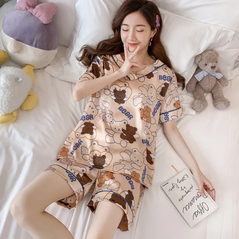 Home Clothes for Women Pajamas with Shorts Summer Thin Short-sleeved Korean Sweet Lovely V-neck Silk 2 Piece Pajama Set Women