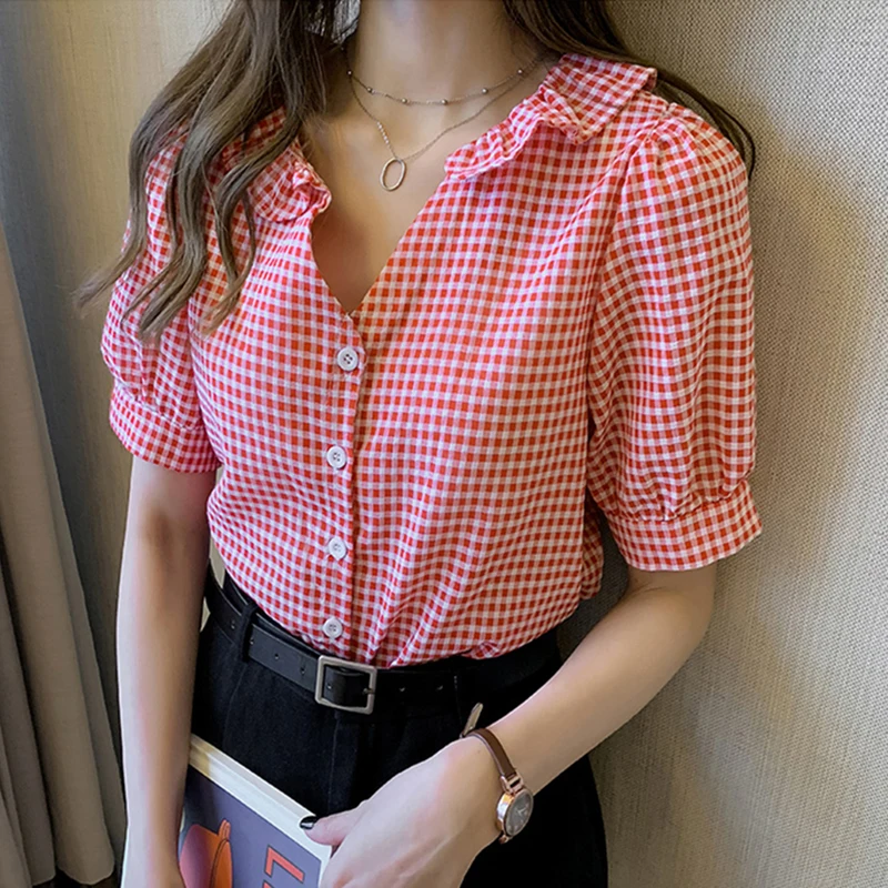 

New Shirts Women Plaid Blouses 2021 Summer Short Sleeve Ruffled Collar Tops Casual Clothing Female Blusas Loose 4XL Plus Size