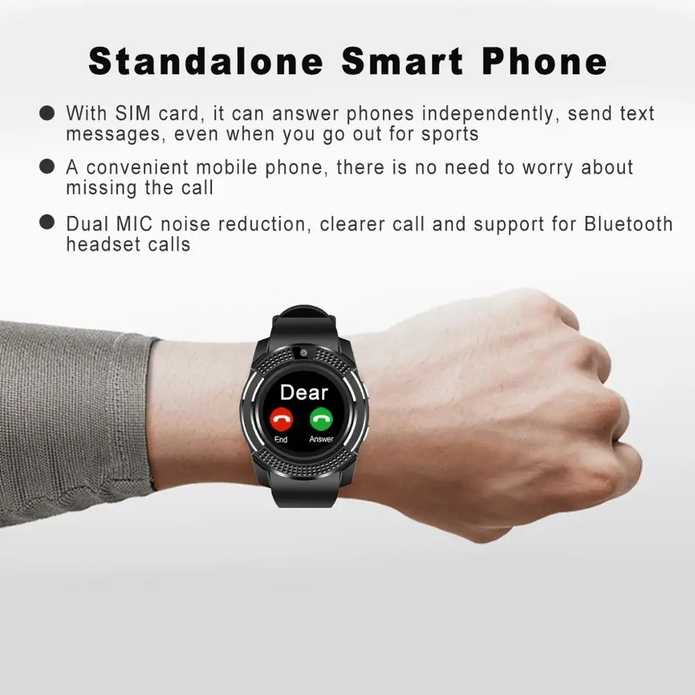 Умные часы Bluetooth Сенсорный экран Sweatproof телефон с камерой TF/sim-карты слот для Android и iPhone смартфонов(черный