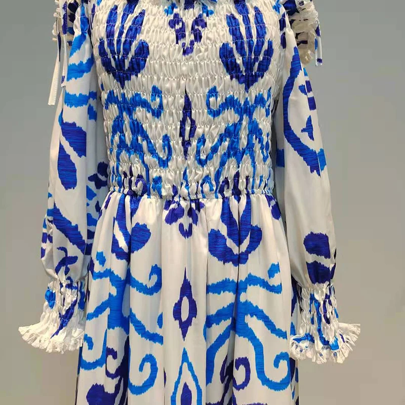 

Print Patchwork Lace Dress For Women Slash Neck Lantern Long Sleeve High Waist Ruched Sling Dresses Female Fashion