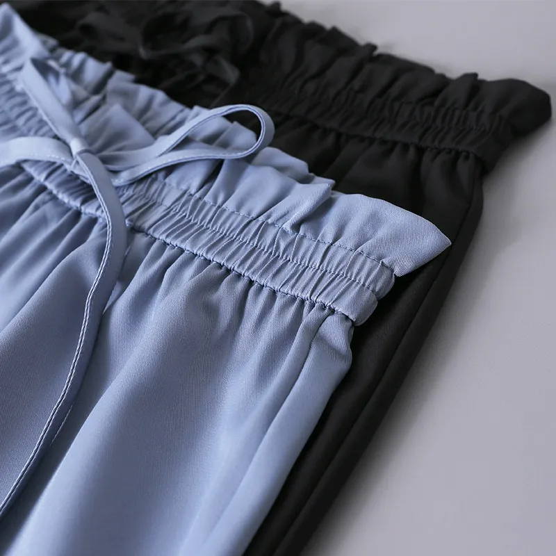 

2020 New Women High quality Ice silk Suit Pants High Waist Wide leg Pants Elastic Waist Long Trousers Female Straight Pantalones