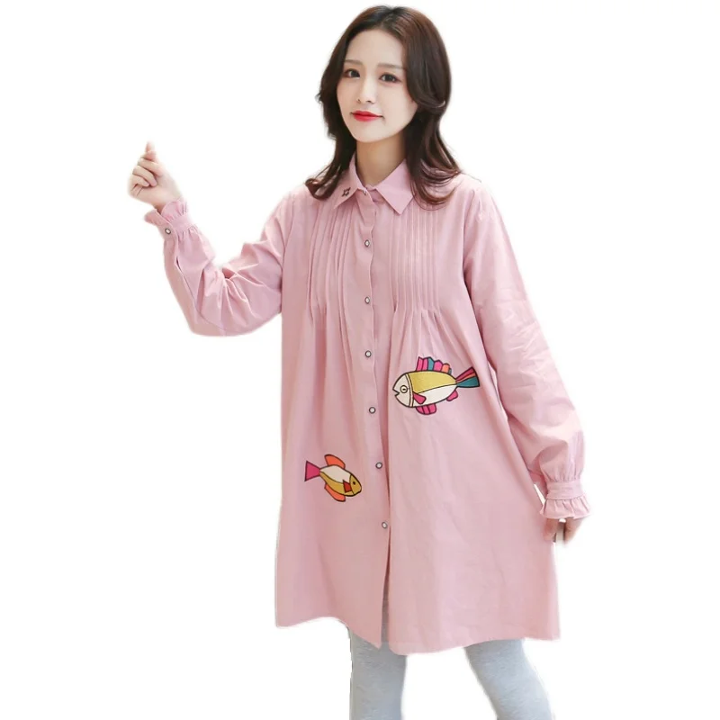 

Spring Embroidery Pleated Cotton Maternity Blouse Long Sleeve Large Size Loose Shirt Clothes for Pregnant Women Pregnancy Tops