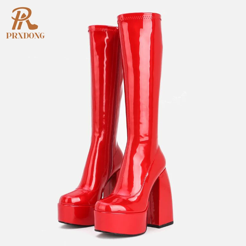 

Concise Platform Knee High Boots Genuine Leather High Heels Side Zipper 2021 Autumn Winter Casual Fashion Women Shoes Plus Size