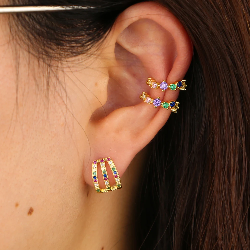 

2022 cute mini cuff earring PIECE Pastel rainbow cz circle ear cuff gold silver color no piercing fashion women clip on earring