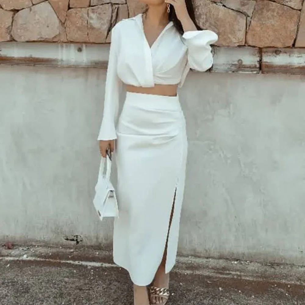 

Женский винтажный комплект XEASY, белая короткая рубашка с V-образным вырезом и эластичной талией, облегающая юбка со складками, лето 2021