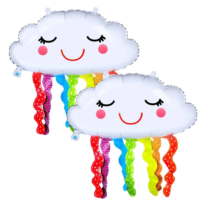 

6 Pcs Rainbow Cloud-Shaped Mylar Foil Balloons Smiling Face Tassel Balloons For Birthday Baby Shower Party Decorations