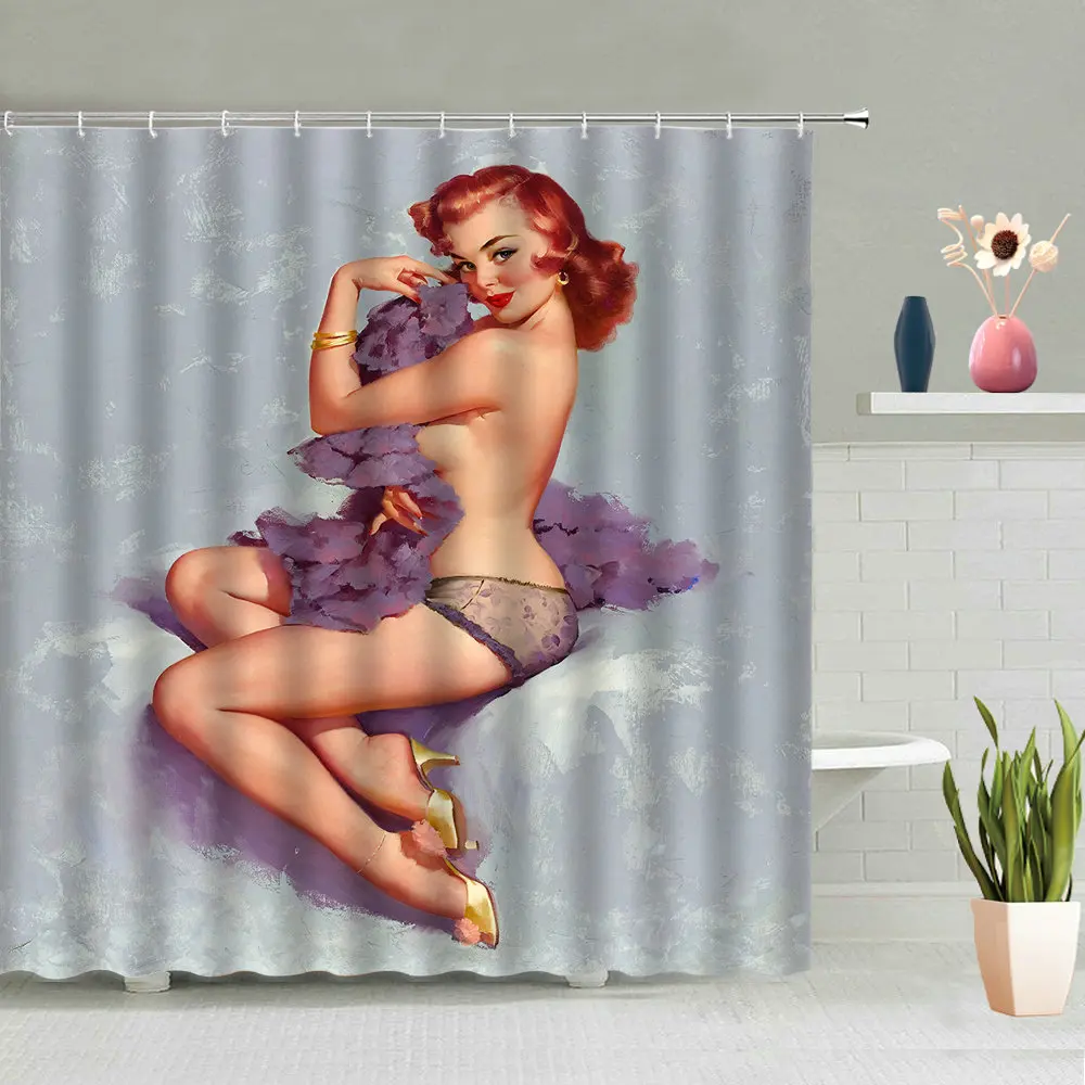 

America Sexy Woman Shower Curtain Girl White Bear Printed Bathroom Screen Decor Waterproof Hook Wall Hanging Curtains Home Set
