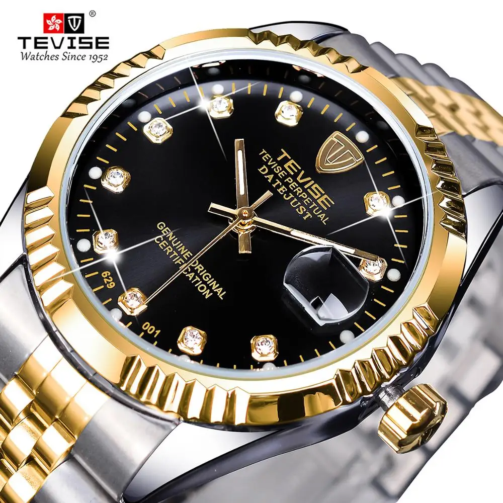 

TEVISE Golden Stainless Steel Royal Diamond Luxury Design Display Men's Automatic Mechanical Wrist Watch Top Brand Reloj Homble