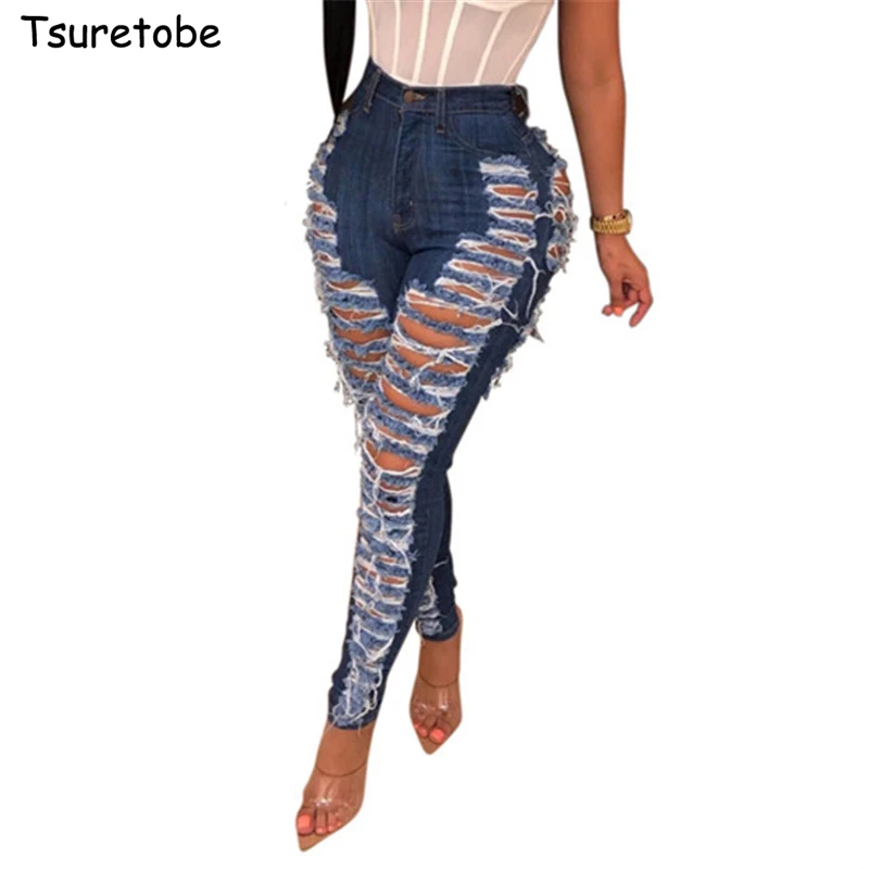 

Tsuretobe Skinny Hole Ripped Jeans Women Streetwear High Waist Denim Pencil Pants Slim Tassel Jeans Fashion Destroyed Trousers