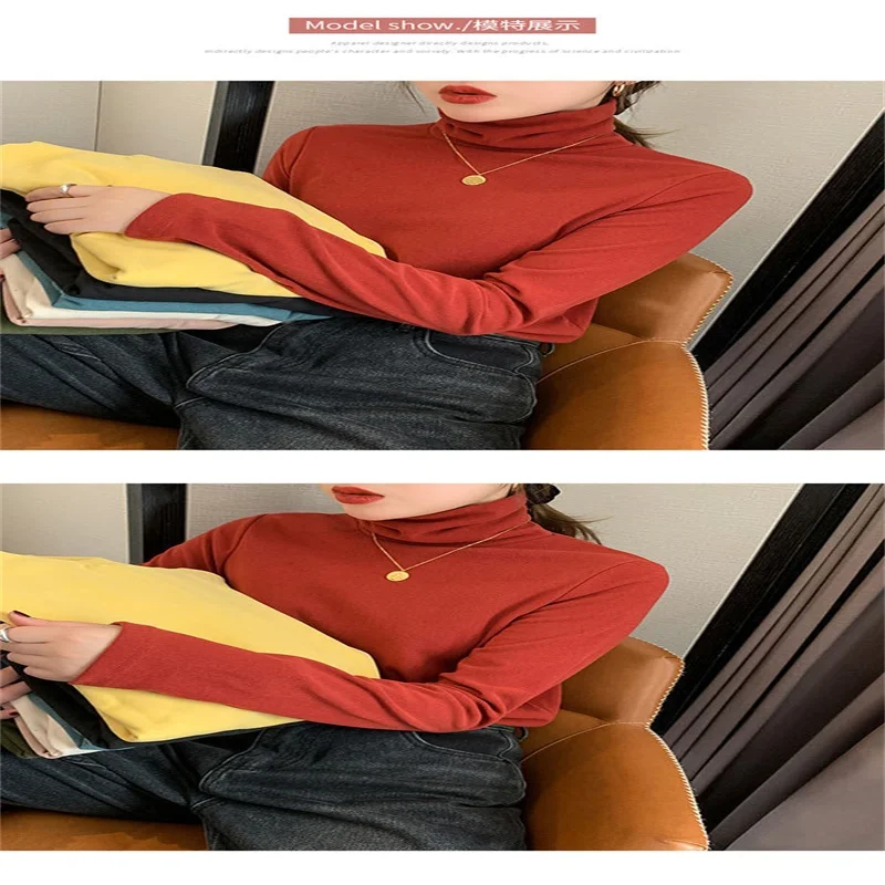 

2021 Autumn Winter New Women Solid Color Shirt Female Long Sleeve Shirts Slim Fit Turtleneck Bottoming Warm Top Femme 6360