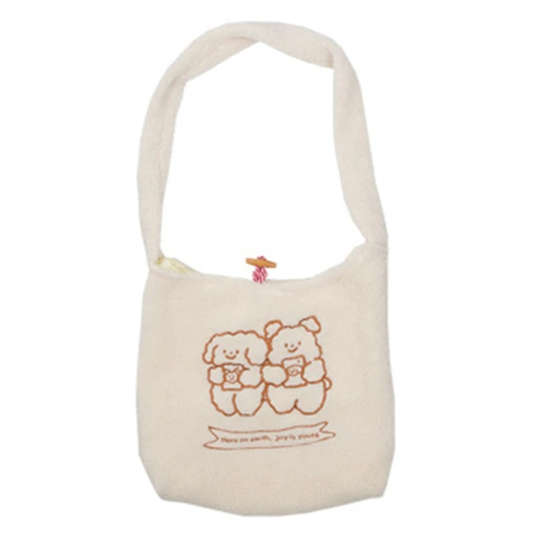 

Women Lamb Like Fabrics Shoulder Bag Cartoon Embroidery Large Capacity Cute Plush Handbag
