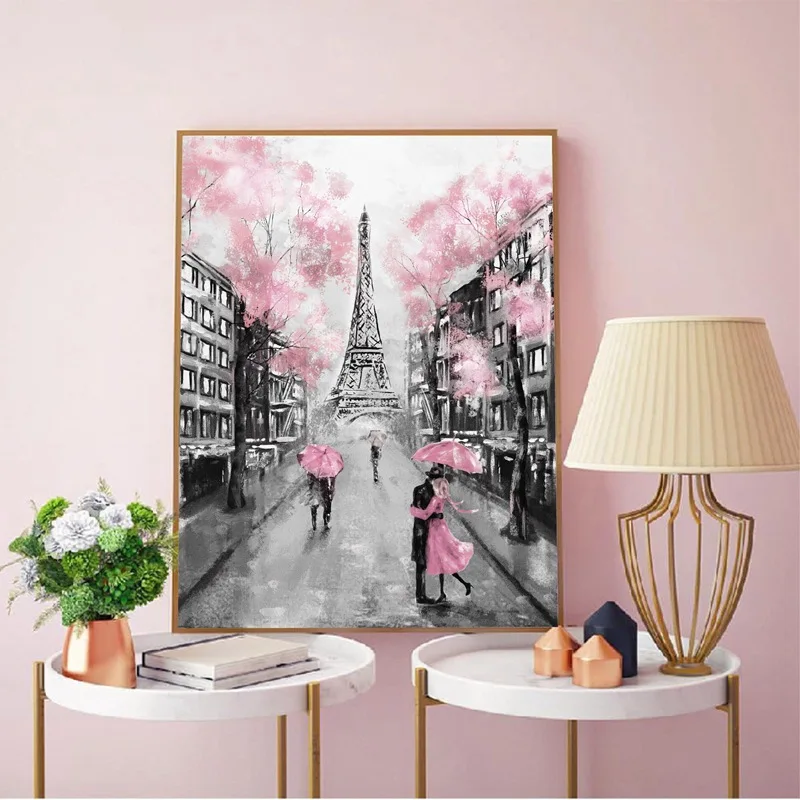 Paris City Eiffel Tower Umbrella On Street Oil Painting Graphic Artwork Canvas Poster Print Cuadros Wall Picture For Living Room | Дом и сад