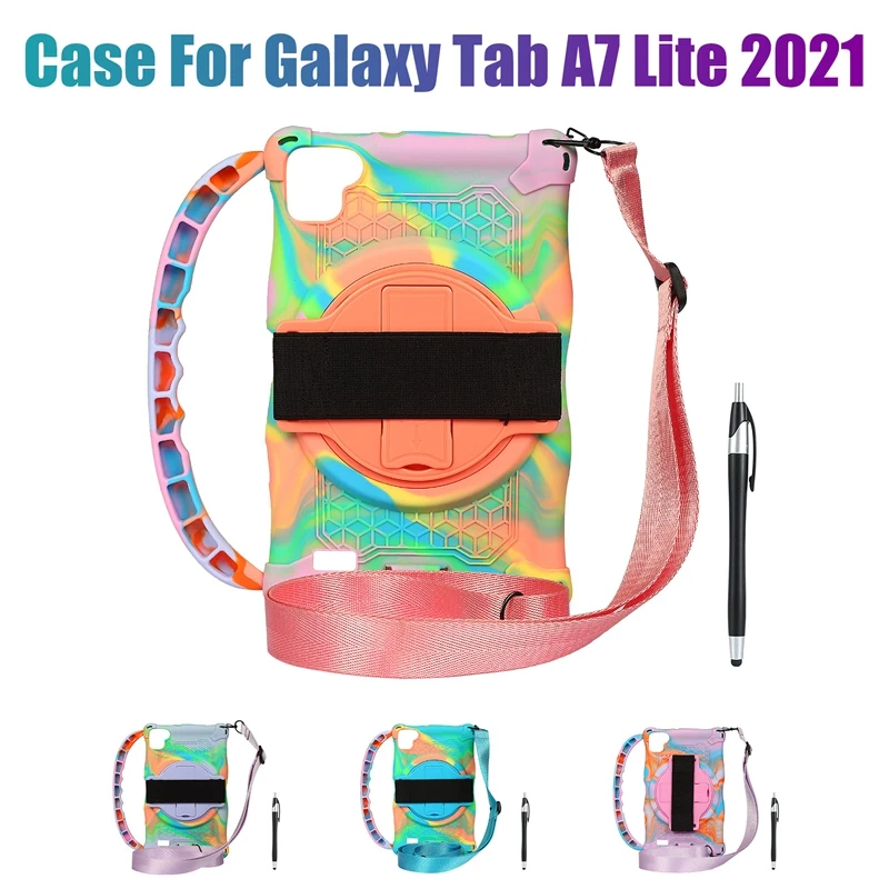 

NEW-Tablet Case for Samsung Tab A7 Lite 2021 8.7 Inch T220 T225 Silicone Case Stand with Handle Strap and Pen