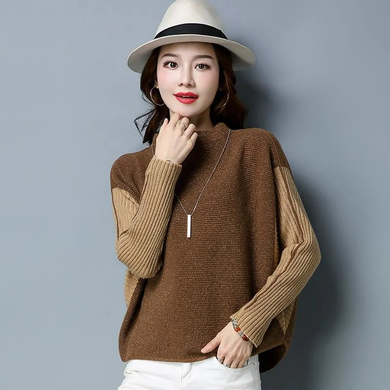 

Women Sweater Knitted Basic Pullovers Mock Neck Slim Soft Female Knitwear Jumper Splicing Color Batwing Long Sleeve Tops Fall